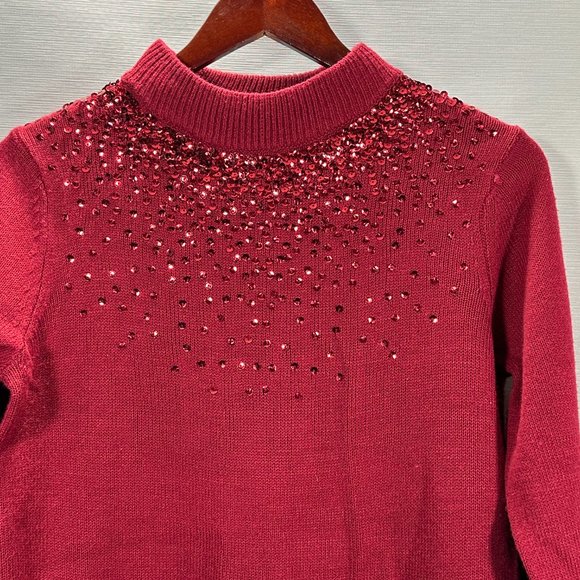 Juicy Couture Sweater Womens Medium Red Sequin Sparkle Mock Neck Pullover - Picture 2 of 7